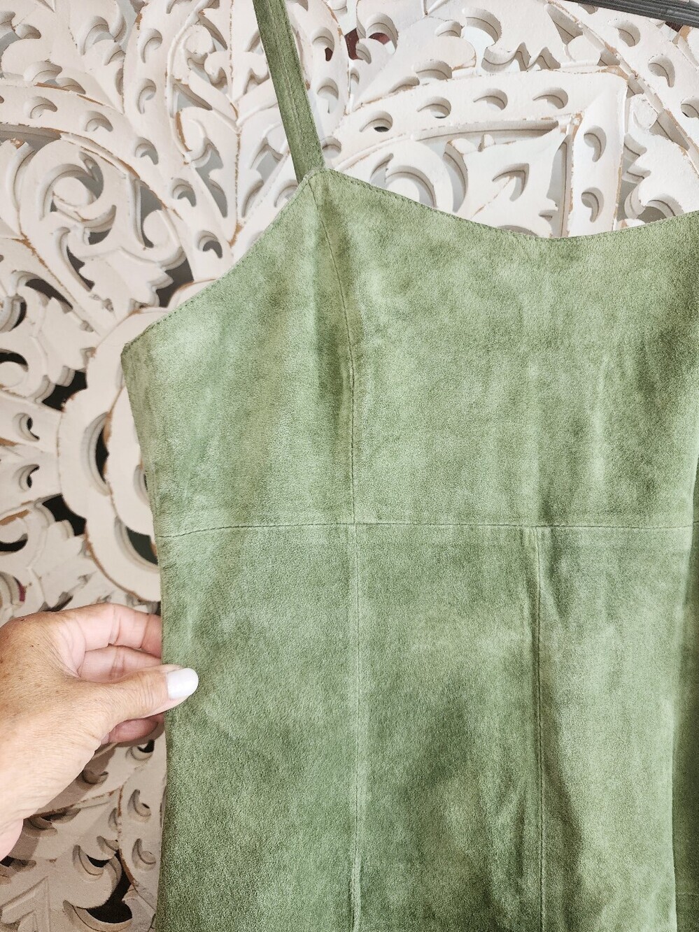 B. ARDEN GENUINE LEATHER SUEDE GREEN TONE MIDI DRESS FITTED SILOHUTTE - Picture 11 of 15